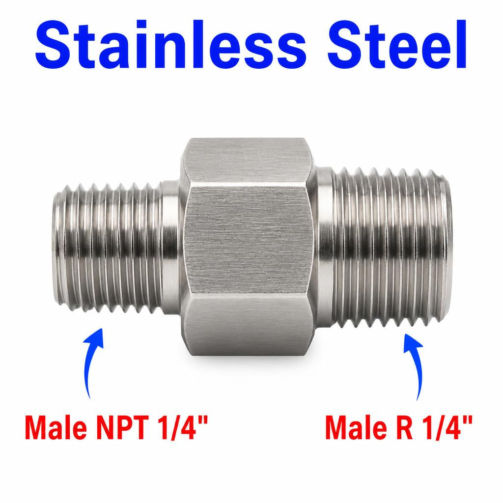 1/4 inch NPT Male to BSPT Tapered R 1/4 inch Male Stainless Steel 304 Sensor Adaptor Fittings Conversion