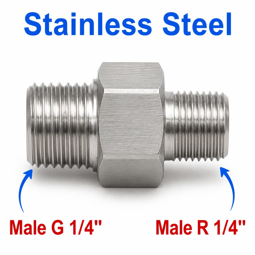 BSP G 1/4 inch Male to BSPT Tapered R 1/4 inch Male Stainless Steel 304 Sensor Adaptor Fittings Conversion