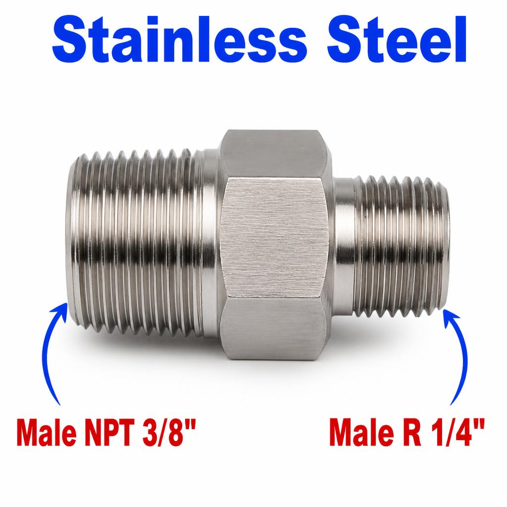 3/8 inch NPT Male to BSPT Tapered R 1/4 inch Male Stainless Steel 304 Sensor Adaptor Fittings Conversion