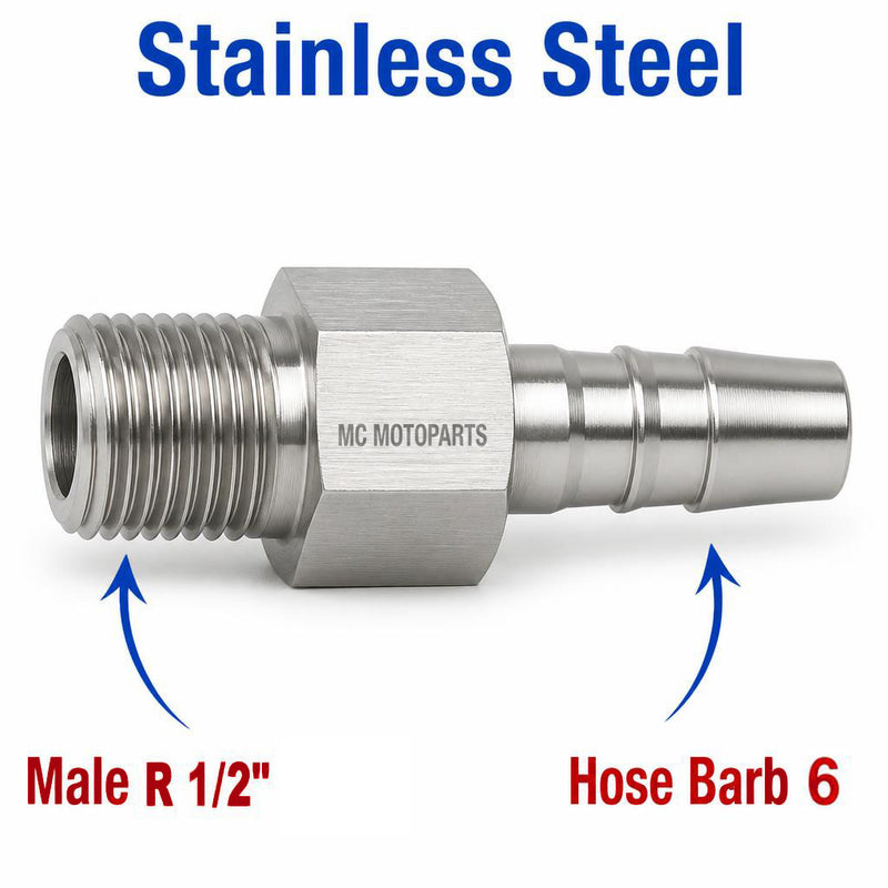 BSPT Tapered R 1/2 inch Male to BARB OD 6mm / 0.24 inch Stainless Steel 304 Sensor Adaptor Fittings Conversion