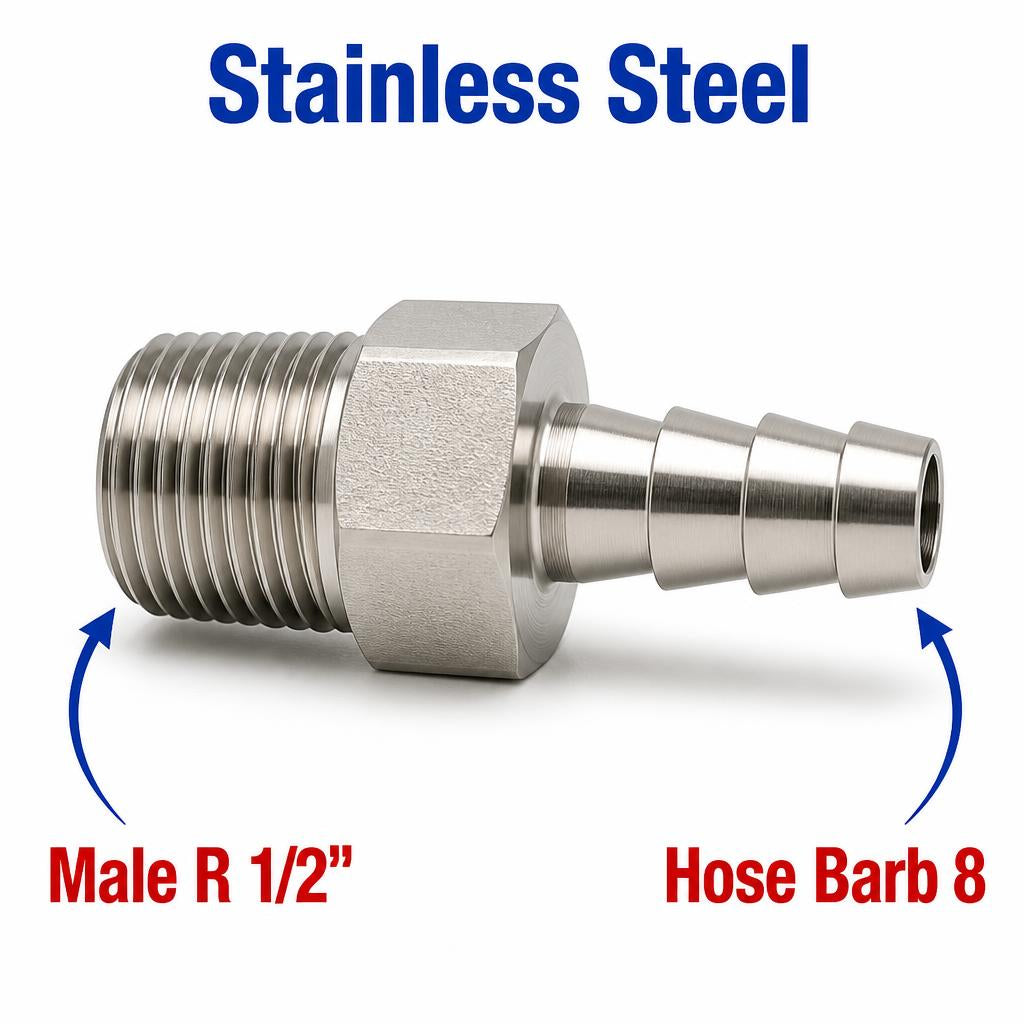 BSPT Tapered R 1/2 inch Male to BARB OD 8mm / 0.32 inch Stainless Steel 304 Sensor Adaptor Fittings Conversion