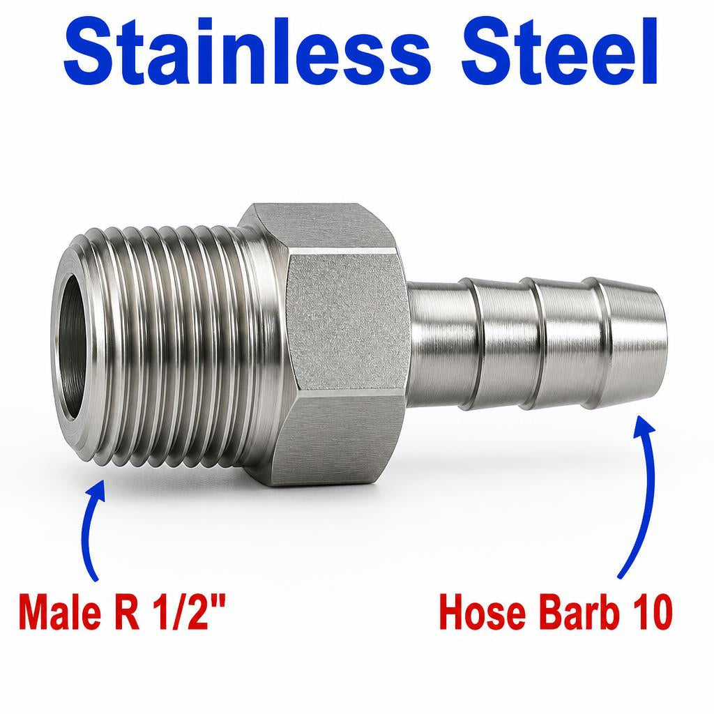 BSPT Tapered R 1/2 inch Male to BARB OD 10mm / 0.4 inch Stainless Steel 304 Sensor Adaptor Fittings Conversion