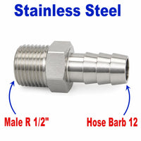 BSPT Tapered R 1/2 inch Male to BARB OD 12mm / 0.48 inch Stainless Steel 304 Sensor Adaptor Fittings Conversion