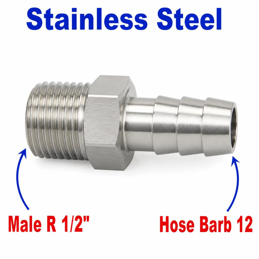 BSPT Tapered R 1/2 inch Male to BARB OD 12mm / 0.48 inch Stainless Steel 304 Sensor Adaptor Fittings Conversion