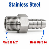 BSPT Tapered R 1/2 inch Male to BARB OD 14mm / 0.56 inch Stainless Steel 304 Sensor Adaptor Fittings Conversion