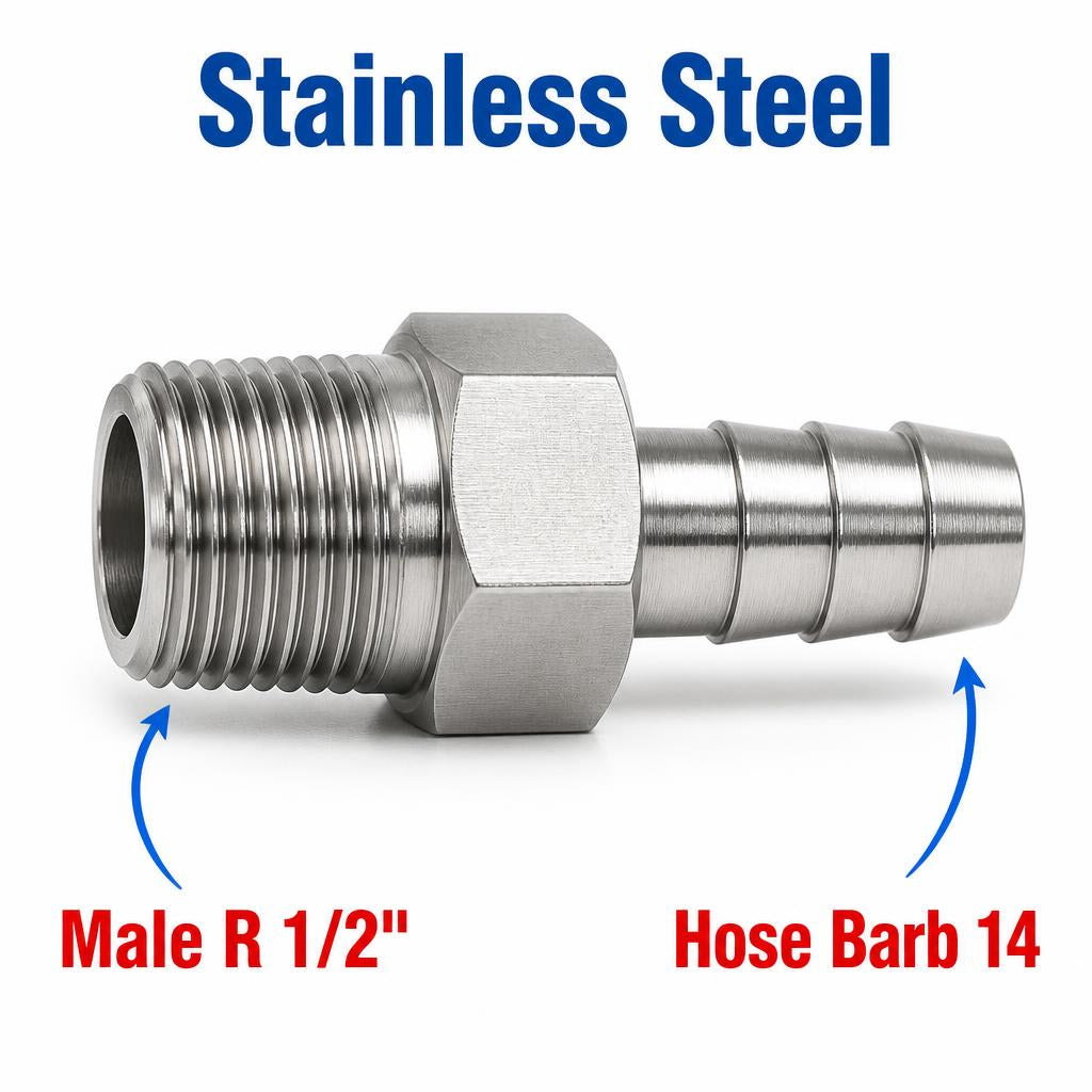 BSPT Tapered R 1/2 inch Male to BARB OD 14mm / 0.56 inch Stainless Steel 304 Sensor Adaptor Fittings Conversion