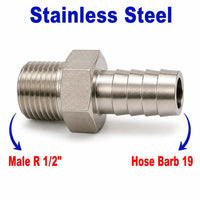 BSPT Tapered R 1/2 inch Male to BARB OD 19mm / 0.76 inch Stainless Steel 304 Sensor Adaptor Fittings Conversion