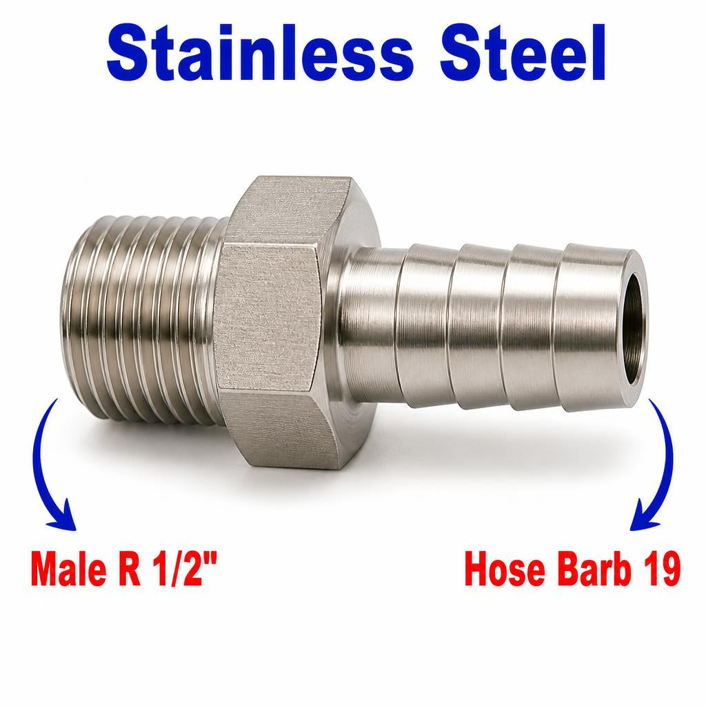BSPT Tapered R 1/2 inch Male to BARB OD 19mm / 0.76 inch Stainless Steel 304 Sensor Adaptor Fittings Conversion