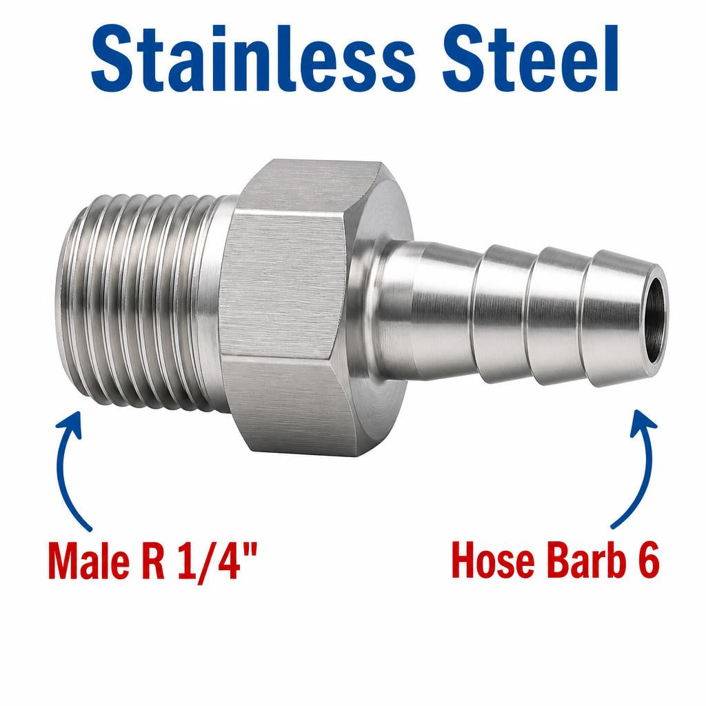 BSPT Tapered R 1/4 inch Male to BARB OD 6mm / 0.24 inch Stainless Steel 304 Sensor Adaptor Fittings Conversion