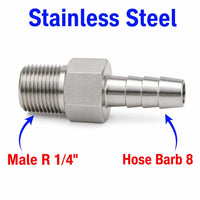 BSPT Tapered R 1/4 inch Male to BARB OD 8mm / 0.32 inch Stainless Steel 304 Sensor Adaptor Fittings Conversion