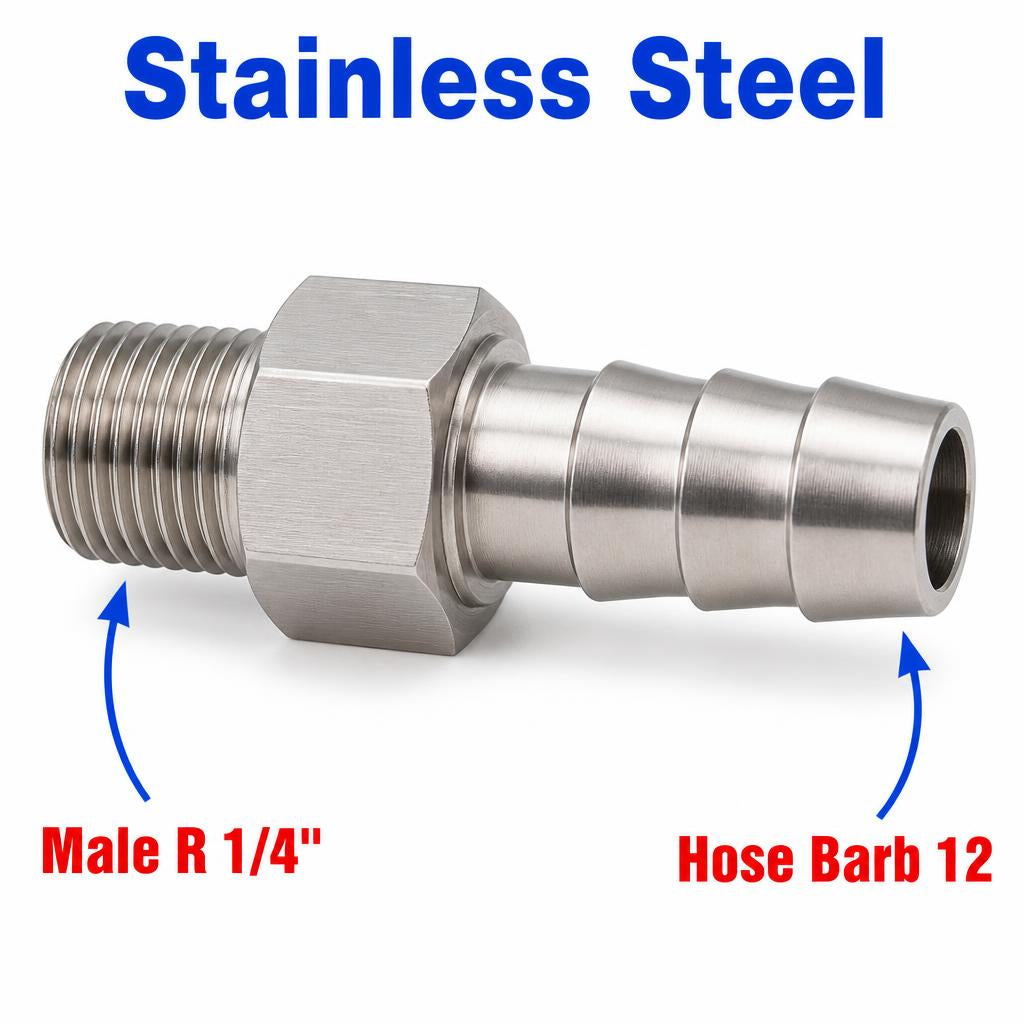 BSPT Tapered R 1/4 inch Male to BARB OD 12mm / 0.48 inch Stainless Steel 304 Sensor Adaptor Fittings Conversion
