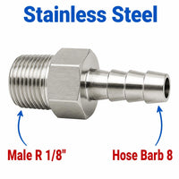 BSPT Tapered R 1/8 inch Male to BARB OD 8mm / 0.32 inch Stainless Steel 304 Sensor Adaptor Fittings Conversion