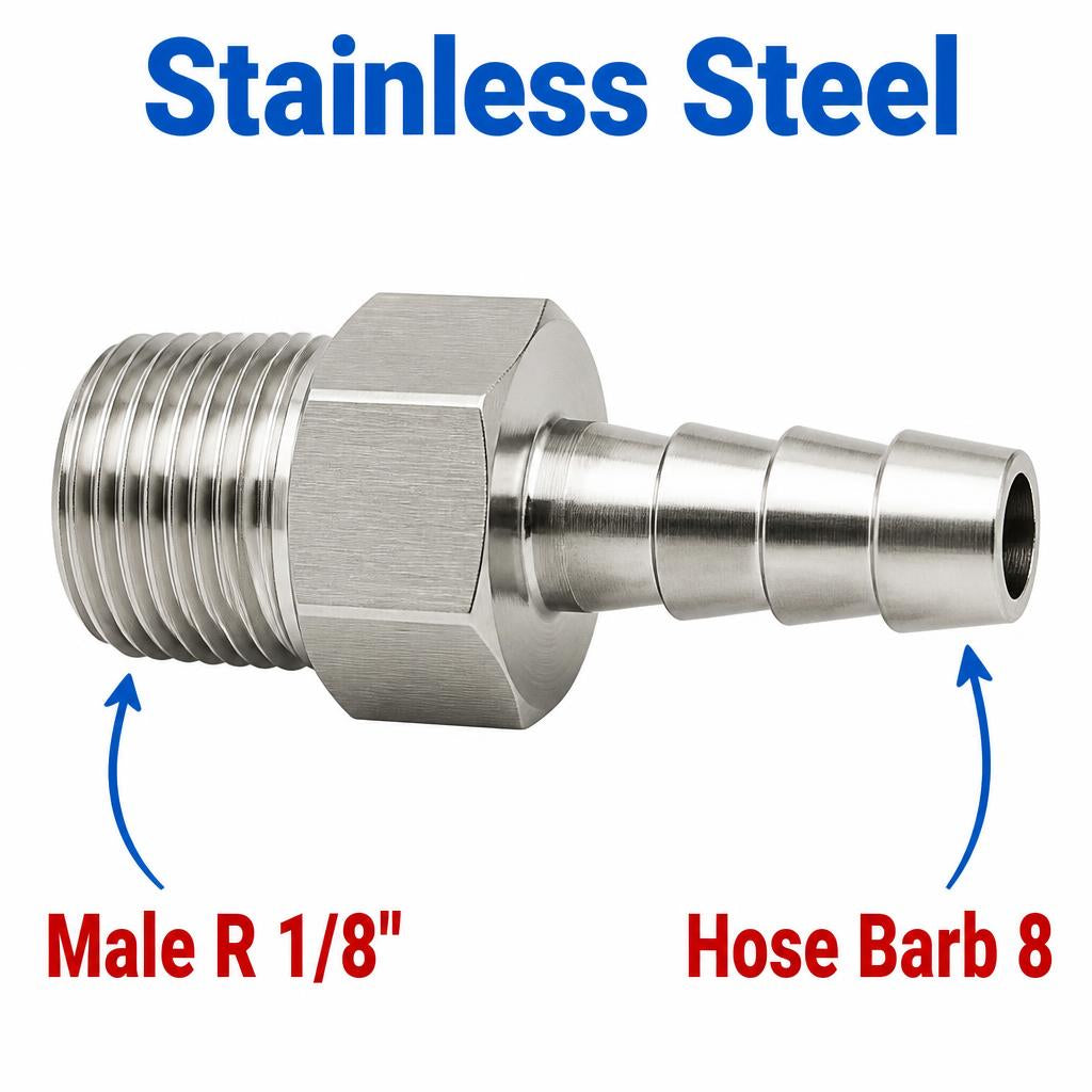 BSPT Tapered R 1/8 inch Male to BARB OD 8mm / 0.32 inch Stainless Steel 304 Sensor Adaptor Fittings Conversion