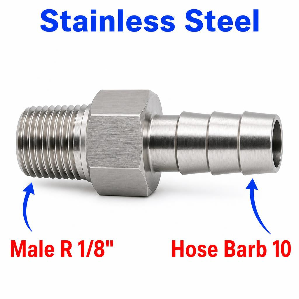 BSPT Tapered R 1/8 inch Male to BARB OD 10mm / 0.4 inch Stainless Steel 304 Sensor Adaptor Fittings Conversion