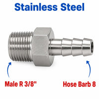 BSPT Tapered R 3/8 inch Male to BARB OD 8mm / 0.32 inch Stainless Steel 304 Sensor Adaptor Fittings Conversion