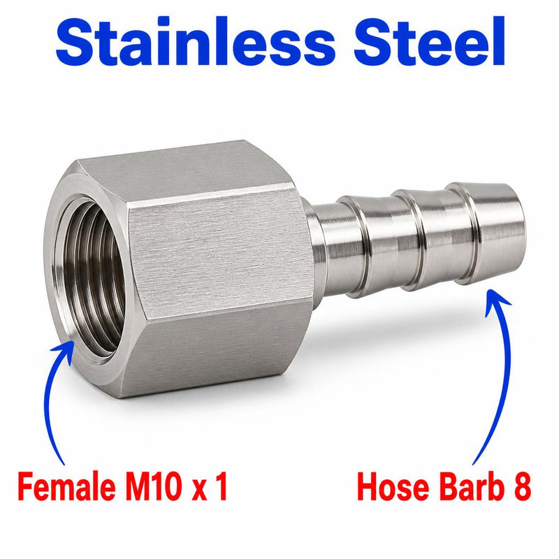 M10x1 Female to BARB OD 8mm / 0.32 inch Stainless Steel 304 Sensor Adaptor Fittings Conversion