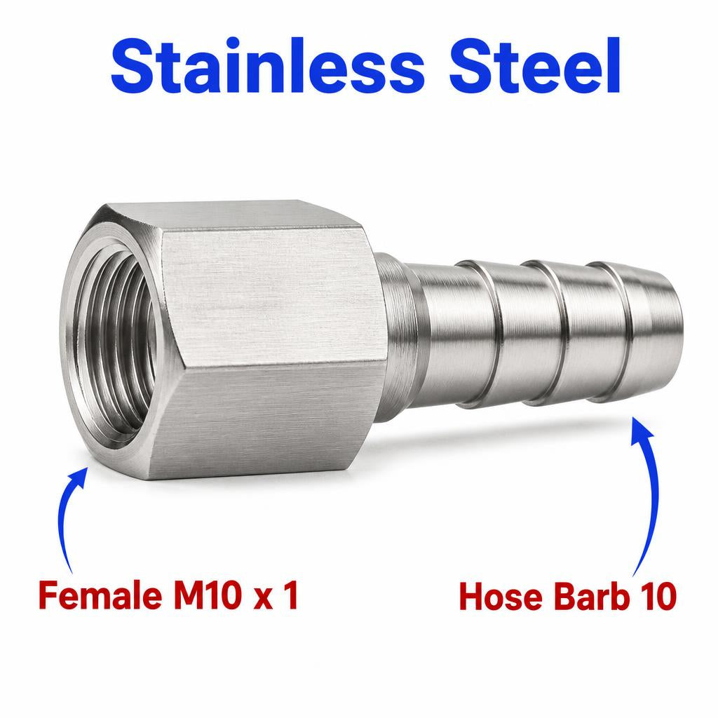 M10x1 Female to BARB OD 10mm / 0.4 inch Stainless Steel 304 Sensor Adaptor Fittings Conversion