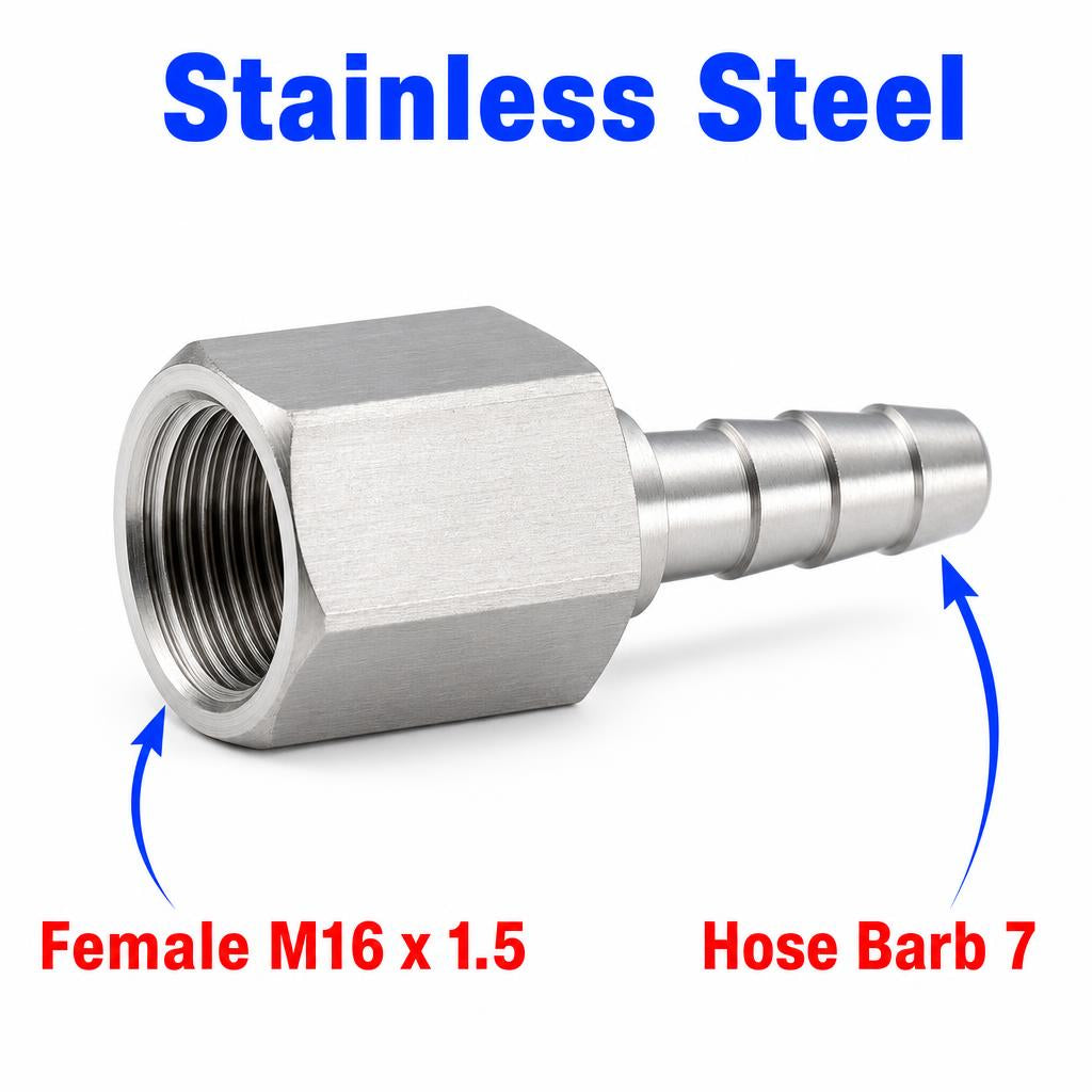 M16x1.5 Female to BARB OD 7mm / 0.28  Stainless Steel 304 Sensor Adaptor Fittings Conversion
