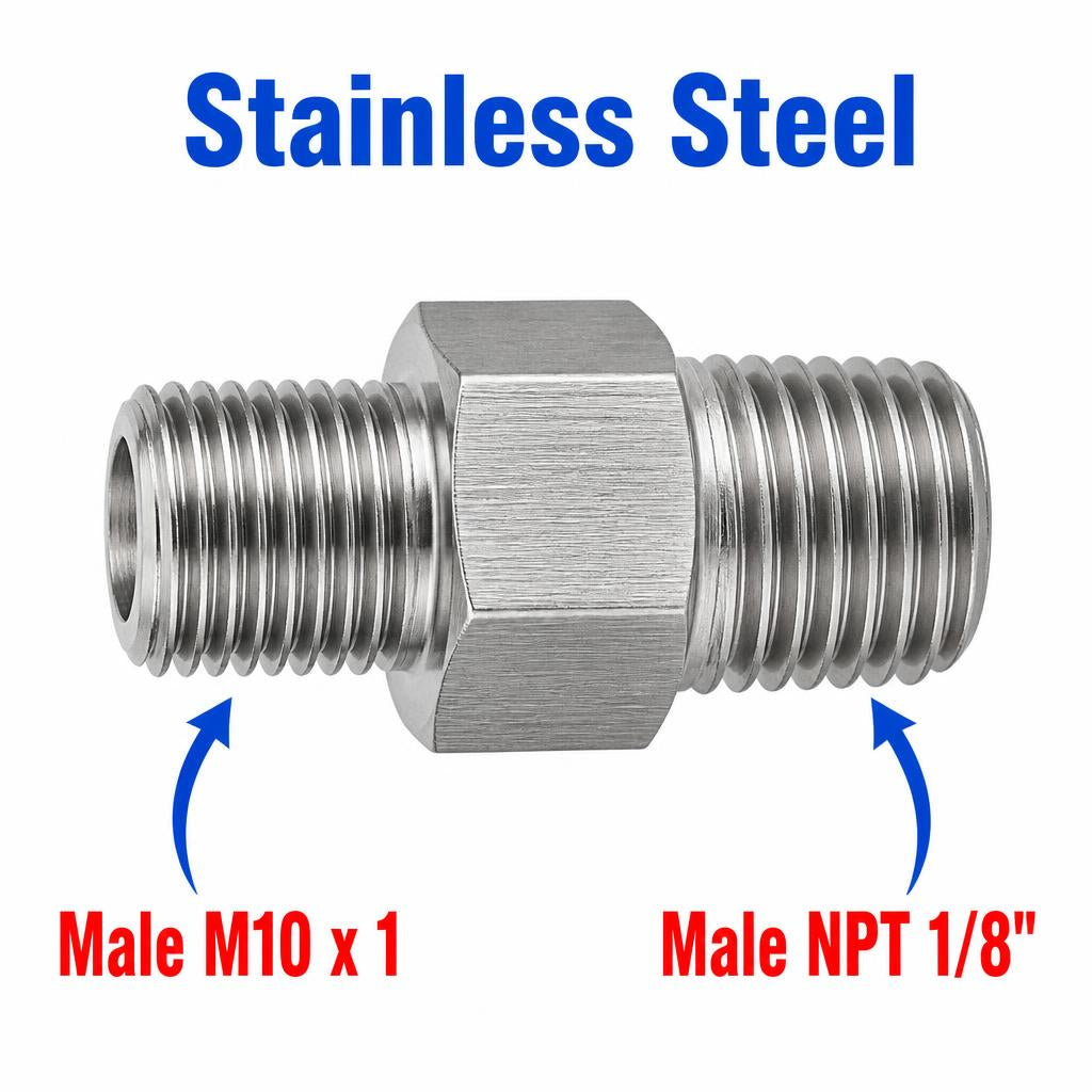 M10x1 Male to 1/8 inch NPT Male Stainless Steel 304 Sensor Adaptor Fittings Conversion