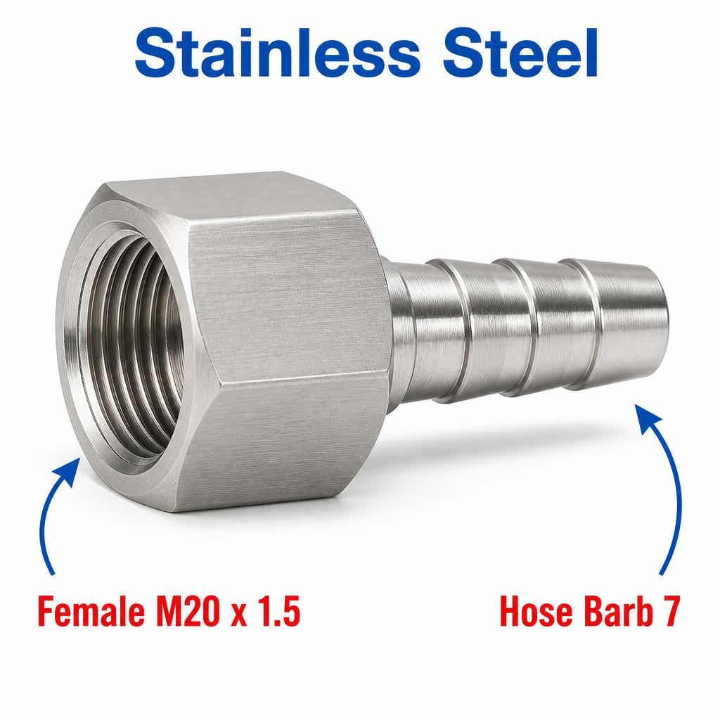 M20x1.5 Female to BARB OD 7mm / 0.28  Stainless Steel 304 Sensor Adaptor Fittings Conversion