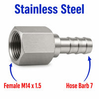 M14x1.5 Female to BARB OD 7mm / 0.28  Stainless Steel 304 Sensor Adaptor Fittings Conversion