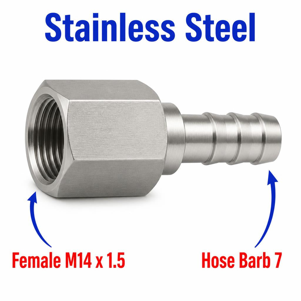 M14x1.5 Female to BARB OD 7mm / 0.28  Stainless Steel 304 Sensor Adaptor Fittings Conversion