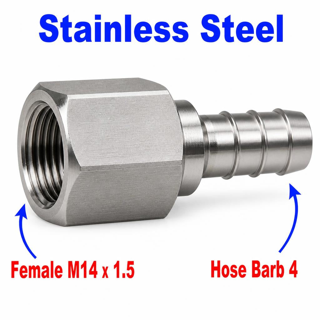 M14x1.5 Female to BARB OD 4mm / 0.16 inch Stainless Steel 304 Sensor Adaptor Fittings Conversion