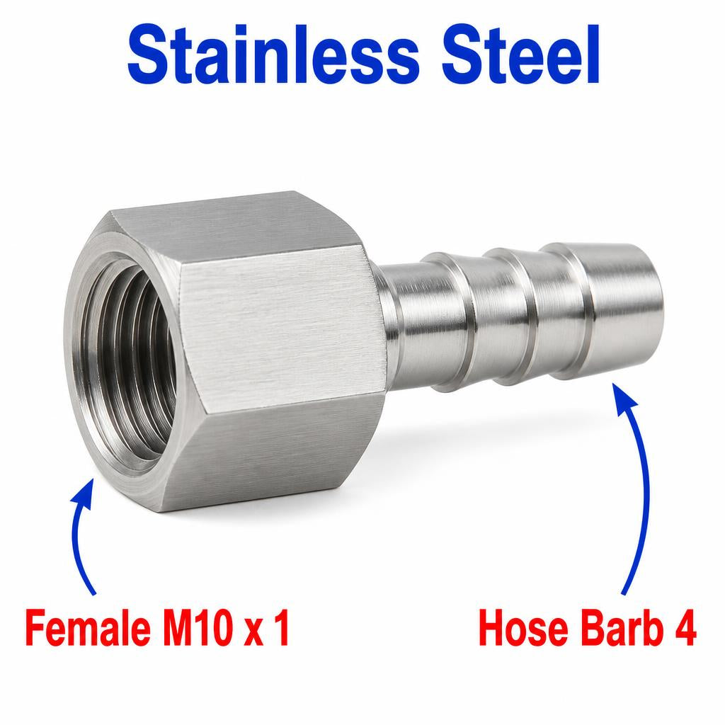 M10x1 Female to BARB OD 4mm / 0.16 inch Stainless Steel 304 Sensor Adaptor Fittings Conversion