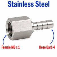 M8x1 Female to BARB OD 4mm / 0.16 inch Stainless Steel 304 Sensor Adaptor Fittings Conversion