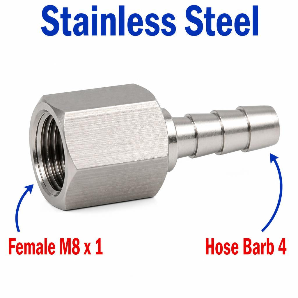 M8x1 Female to BARB OD 4mm / 0.16 inch Stainless Steel 304 Sensor Adaptor Fittings Conversion