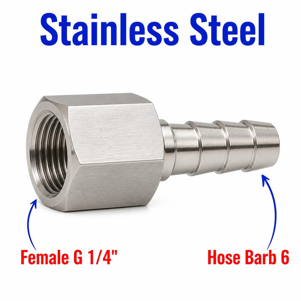 BSP G 1/4 inch Female to BARB OD 6mm / 0.24 inch Stainless Steel 304 Sensor Adaptor Fittings Conversion