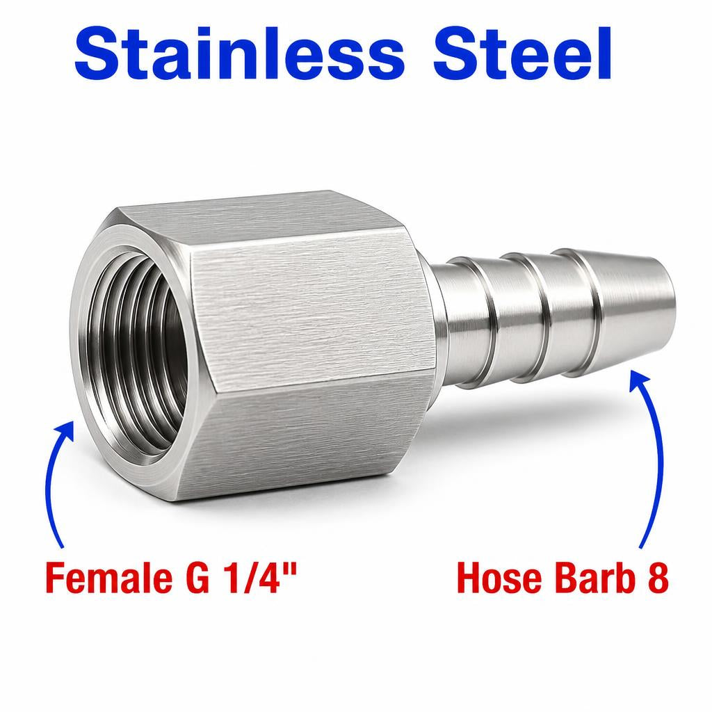 BSP G 1/4 inch Female to BARB OD 8mm / 0.32 inch Stainless Steel 304 Sensor Adaptor Fittings Conversion