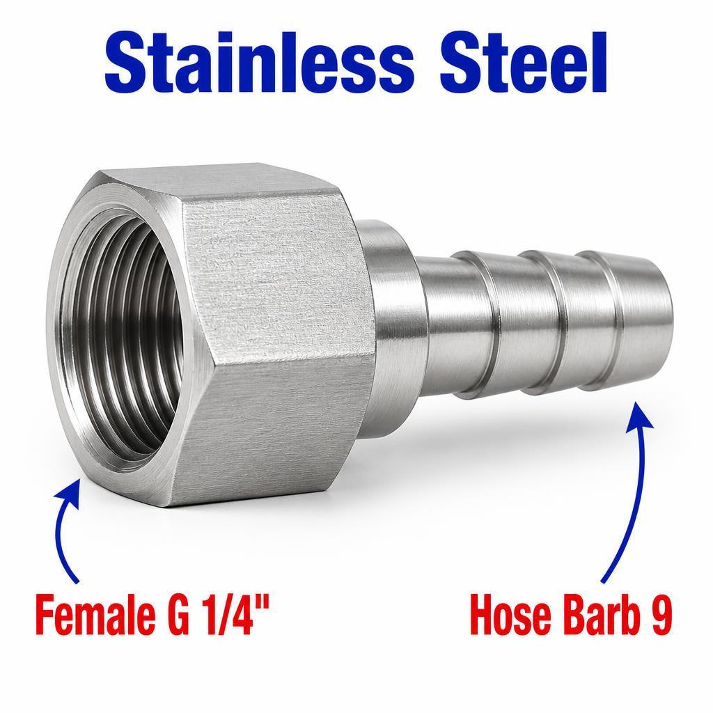 BSP G 1/4 inch Female to BARB OD 9mm / 0.32 inch Stainless Steel 304 Sensor Adaptor Fittings Conversion