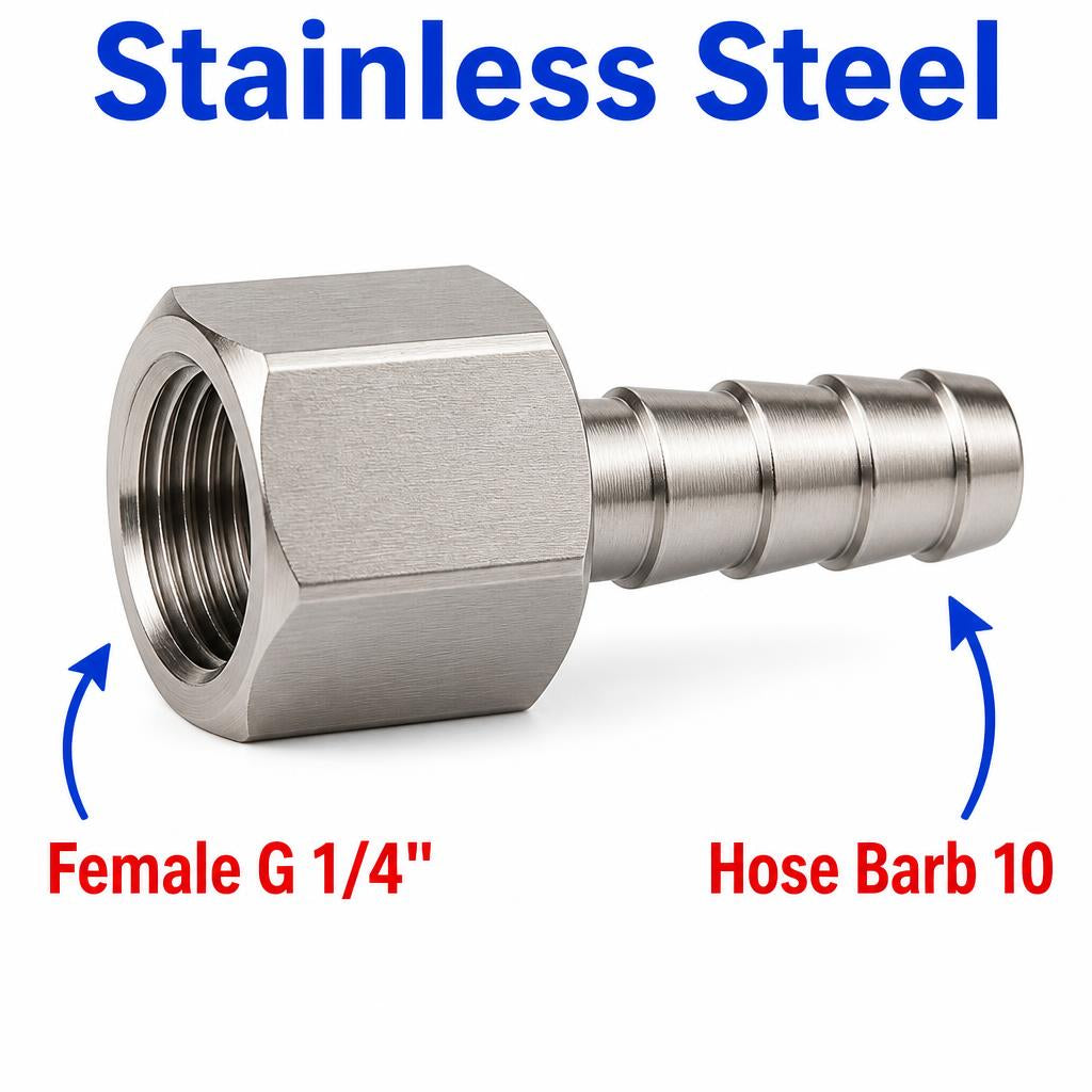 BSP G 1/4 inch Female to BARB OD 10mm / 0.4 inch Stainless Steel 304 Sensor Adaptor Fittings Conversion