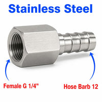 BSP G 1/4 inch Female to BARB OD 12mm / 0.48 inch Stainless Steel 304 Sensor Adaptor Fittings Conversion