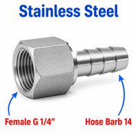 BSP G 1/4 inch Female to BARB OD 14mm / 0.56 inch Stainless Steel 304 Sensor Adaptor Fittings Conversion