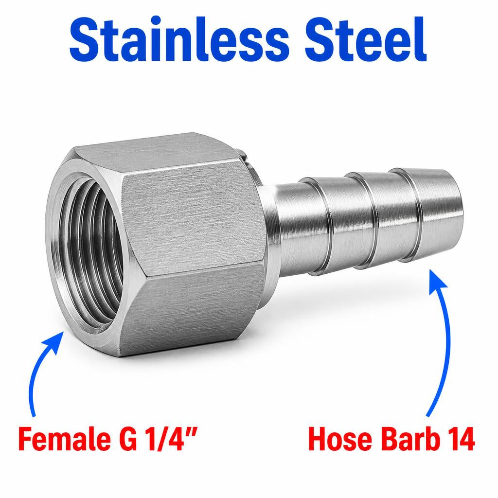 BSP G 1/4 inch Female to BARB OD 14mm / 0.56 inch Stainless Steel 304 Sensor Adaptor Fittings Conversion