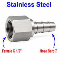 BSP G 1/2 inch Female to BARB OD 7mm / 0.28  Stainless Steel 304 Sensor Adaptor Fittings Conversion