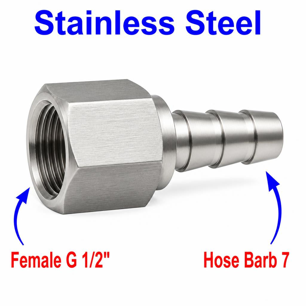 BSP G 1/2 inch Female to BARB OD 7mm / 0.28  Stainless Steel 304 Sensor Adaptor Fittings Conversion