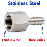 BSP G 1/2 inch Female to BARB OD 9mm / 0.32 inch Stainless Steel 304 Sensor Adaptor Fittings Conversion