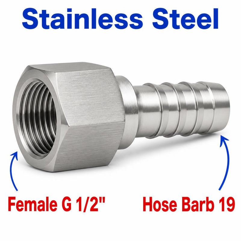 BSP G 1/2 inch Female to BARB OD 19mm / 0.76 inch Stainless Steel 304 Sensor Adaptor Fittings Conversion