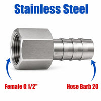 BSP G 1/2 inch Female to BARB OD 20mm / 0.8 inch Stainless Steel 304 Sensor Adaptor Fittings Conversion