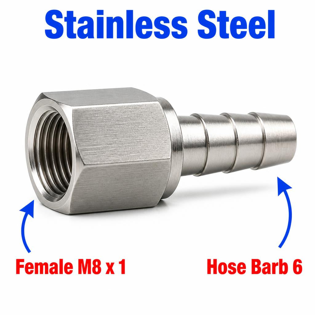 M8x1 female to 6mm barb stainless steel 304 sensor adaptor fitting for hydraulic or fuel line conversion.