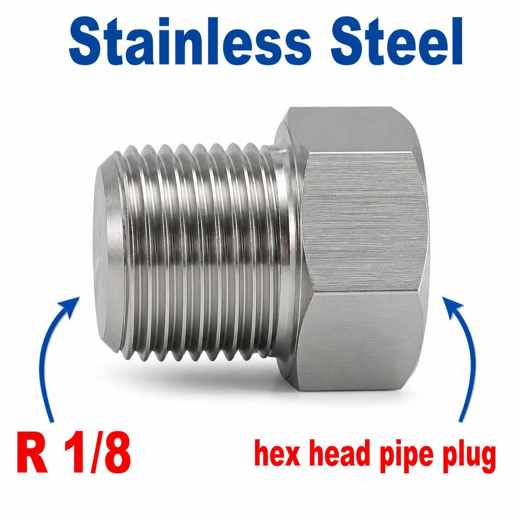 BSPT Tapered R 1/8 inch Hex Head Pipe Plug Stainless Steel 304 Threaded Fitting Block Off Cap