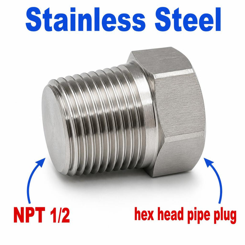 Stainless steel 1/2 inch NPT hex head pipe plug, threaded fitting block off cap for plumbing and automotive applications.
