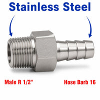 BSPT Tapered R 1/2 inch Male to BARB OD 16mm/ 0.64 inch Stainless Steel 304 Sensor Adaptor Fittings Conversion