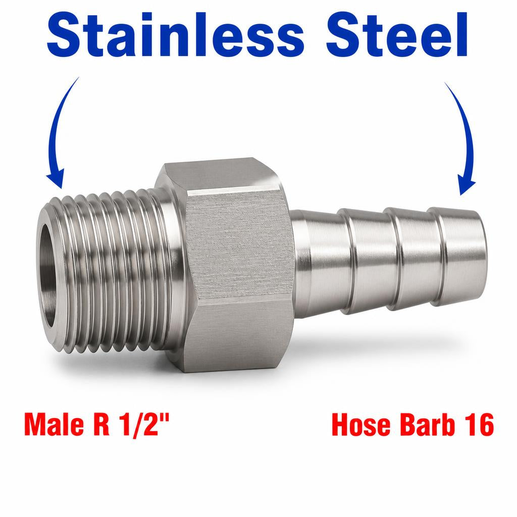 BSPT Tapered R 1/2 inch Male to BARB OD 16mm/ 0.64 inch Stainless Steel 304 Sensor Adaptor Fittings Conversion
