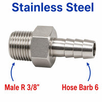 BSPT Tapered R 3/8 inch Male to BARB OD 6mm / 0.24 inch Stainless Steel 304 Sensor Adaptor Fittings Conversion