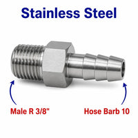 BSPT Tapered R 3/8 inch Male to BARB OD 10mm / 0.4 inch Stainless Steel 304 Sensor Adaptor Fittings Conversion