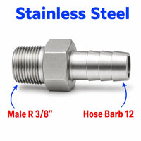 BSPT Tapered R 3/8 inch Male to BARB OD 12mm / 0.48 inch Stainless Steel 304 Sensor Adaptor Fittings Conversion